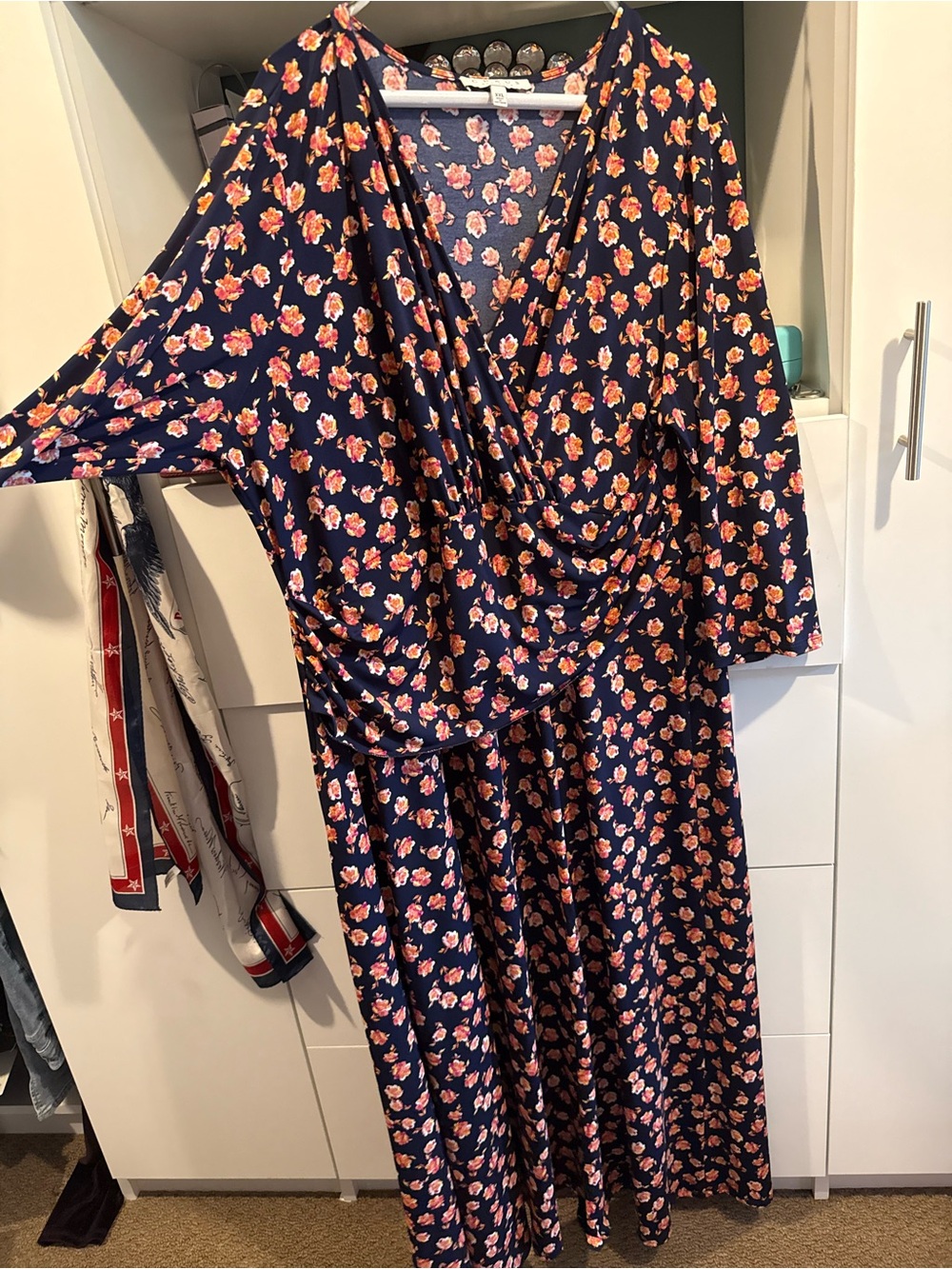 Chaus Navy Floral Wrap Maxi Dress with Pink-Orange Blossoms